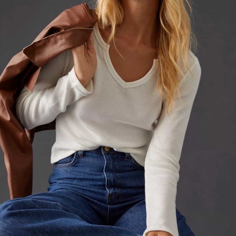 Anthropologie Pilcro Waffle Knit Thermal Top White XS Boho Casual Basic Layering